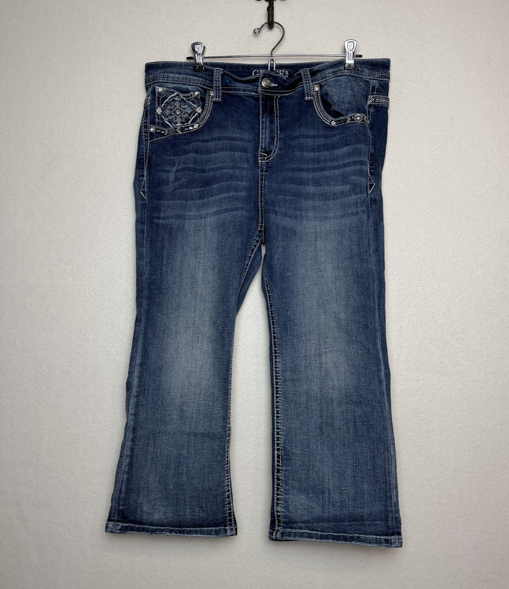 Grace in LA Denim Capri Jeans Medium Blue Wash Rhinestone Details Size 18